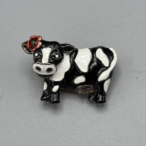 Vtg MJ Enameled Black and White Cow Brooch Pendant Red Flower Farmcore 1.5"
